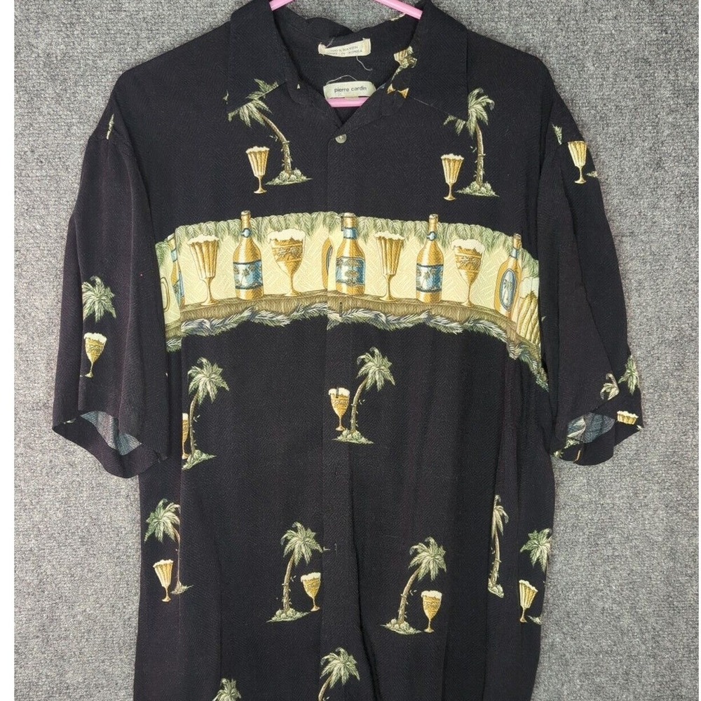 Pierre Cardin Mens Large Rayon Hawaiian Shirt Black Beer Palm Trees Tropical L